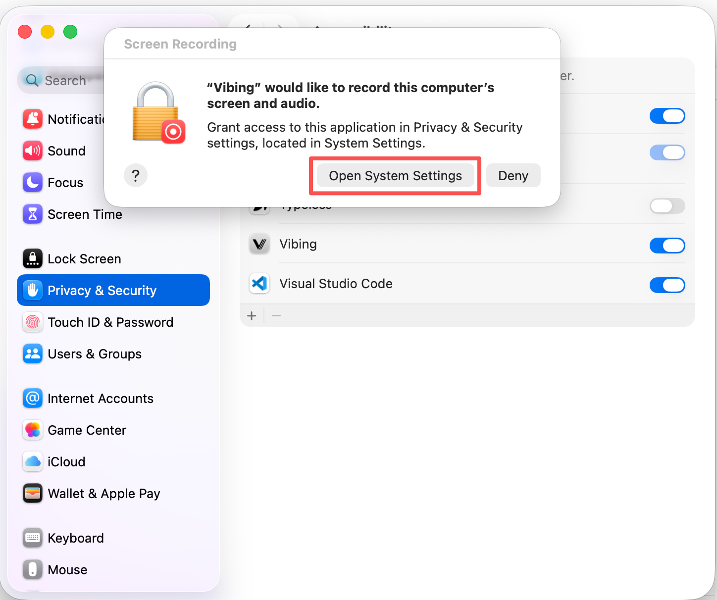 Screen Recording permission dialog